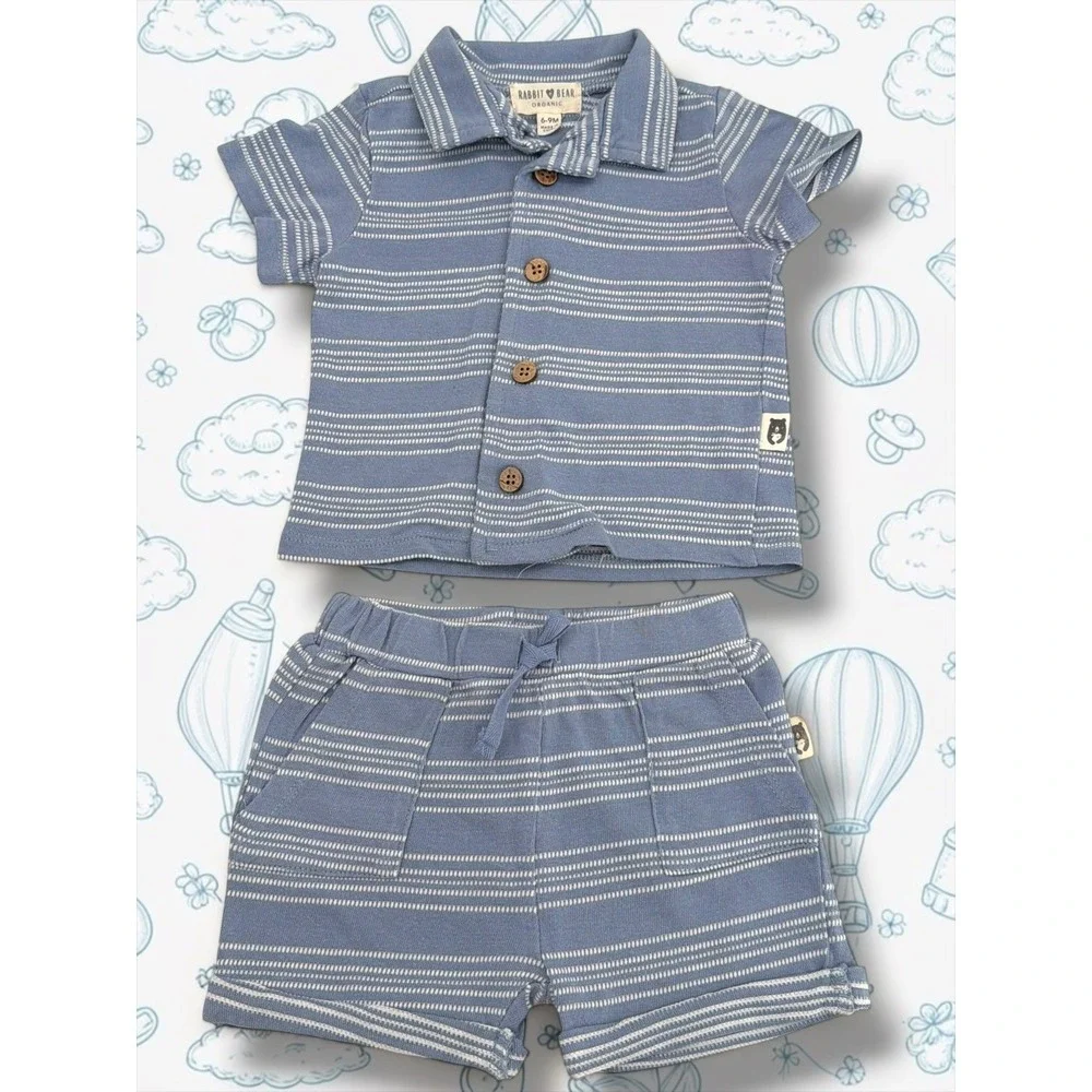 Rabbit + Bear Organic Striped Button Down Top & Shorts Set 6-9M